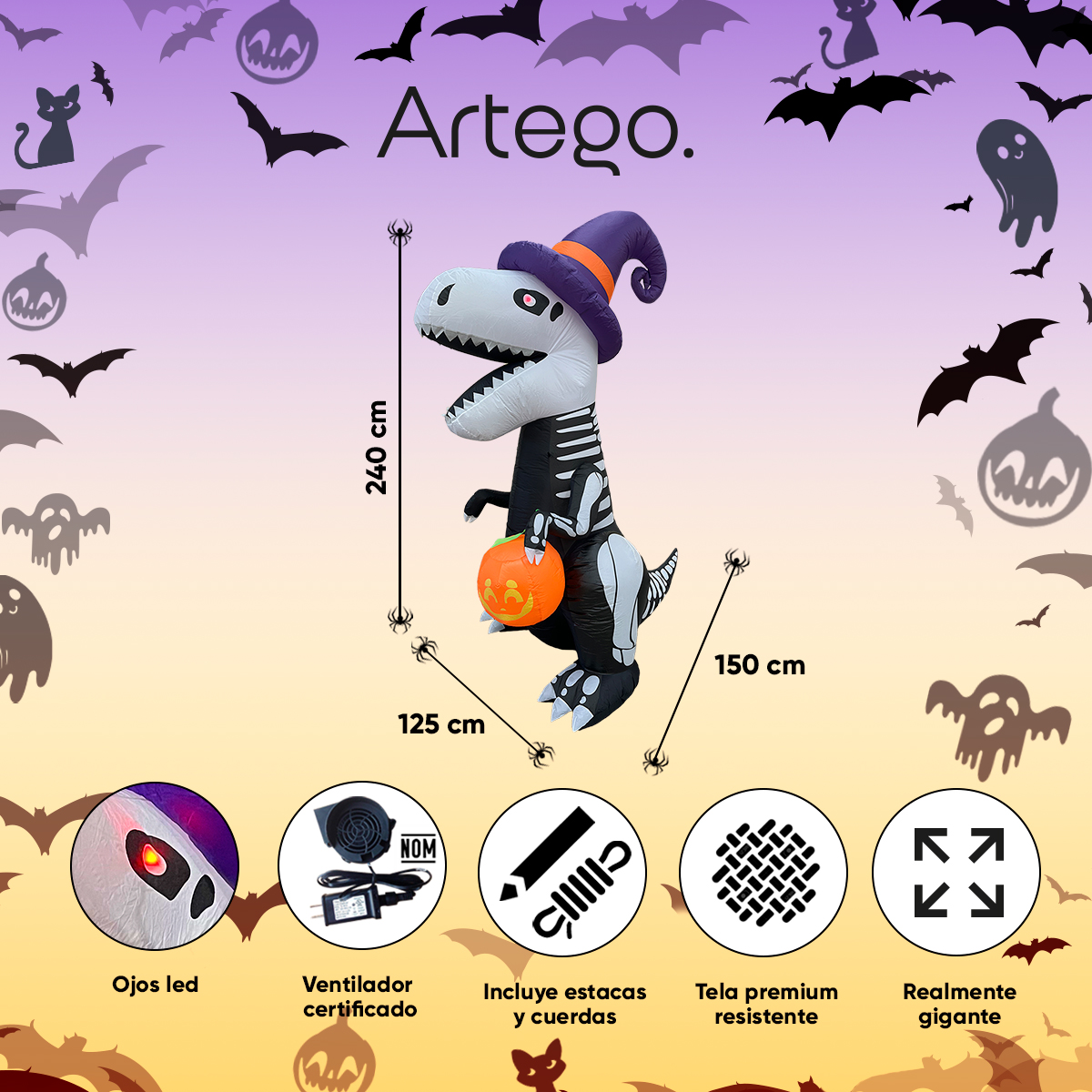 Inflable halloween dinosaurio t rex esqueleto con led en ojos 2.4m