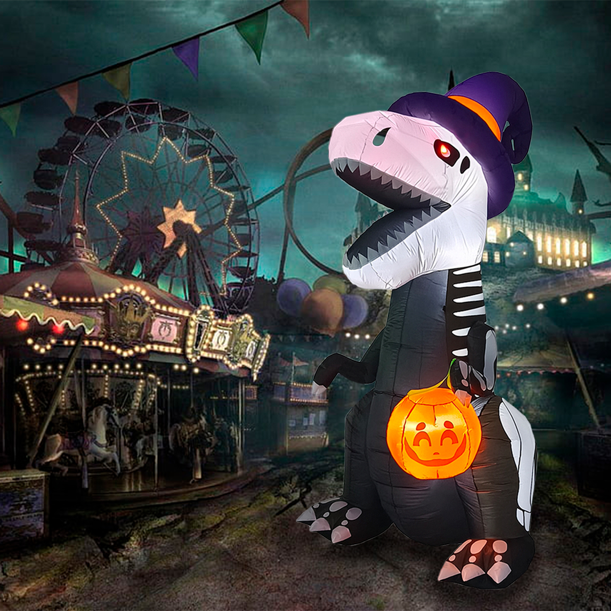 Inflable halloween dinosaurio t rex esqueleto con led en ojos 2.4m