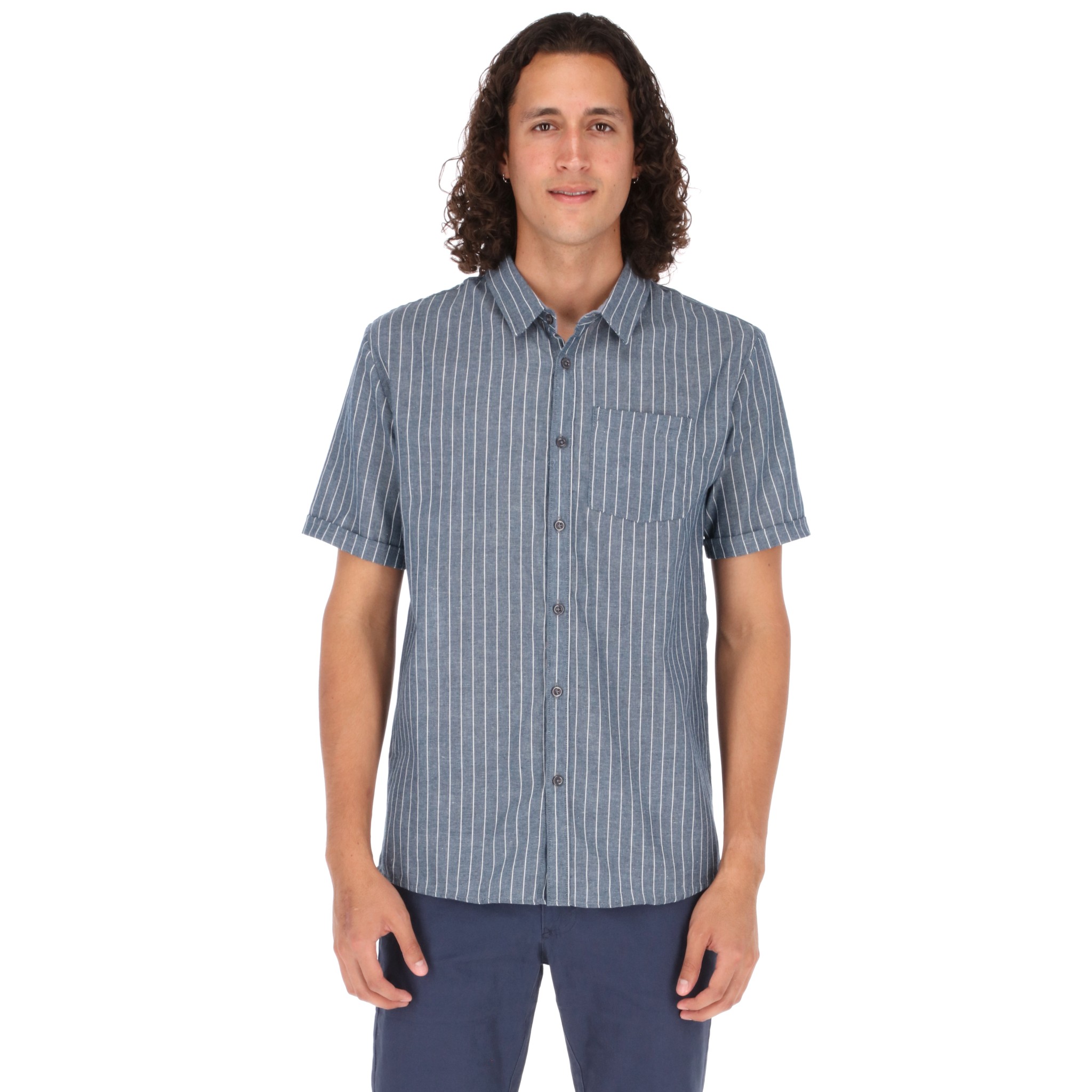 Camisa Manga Corta Slim Fit Azul Marino de Rayas