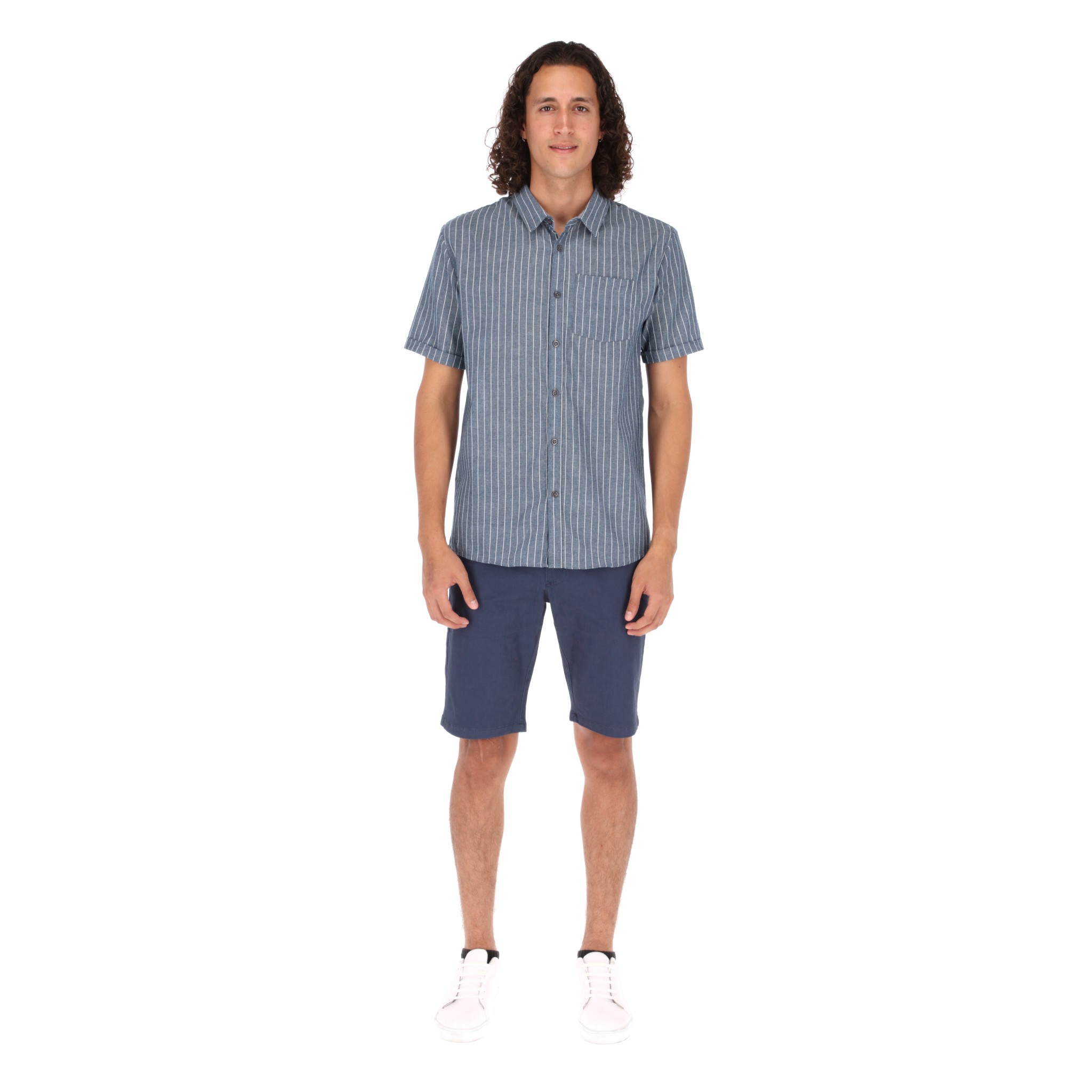 Camisa Manga Corta Slim Fit Azul Marino de Rayas