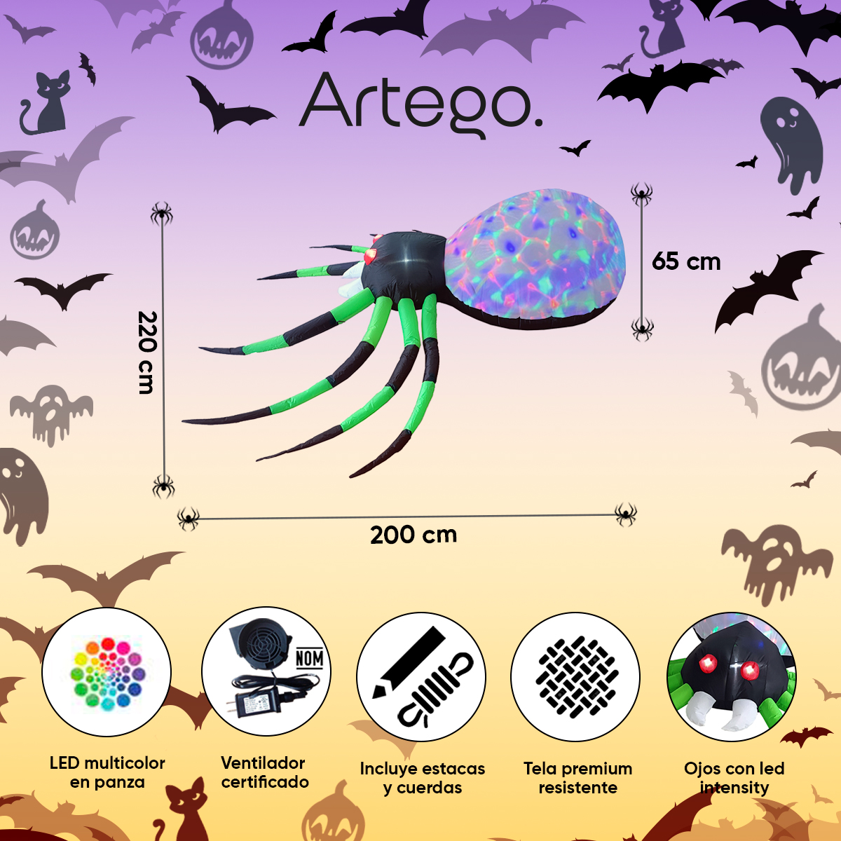 Inflable de Halloween Araña spider para exteriores multiled - 2.2m
