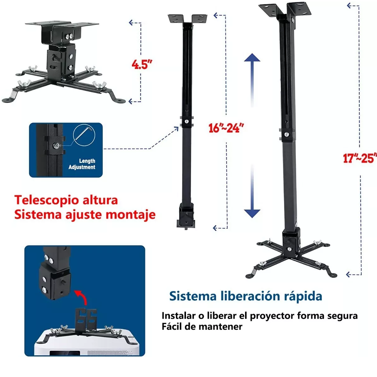 Soporte Proyector Universal Cañón Ajustable 15kg Techo Pared Negro