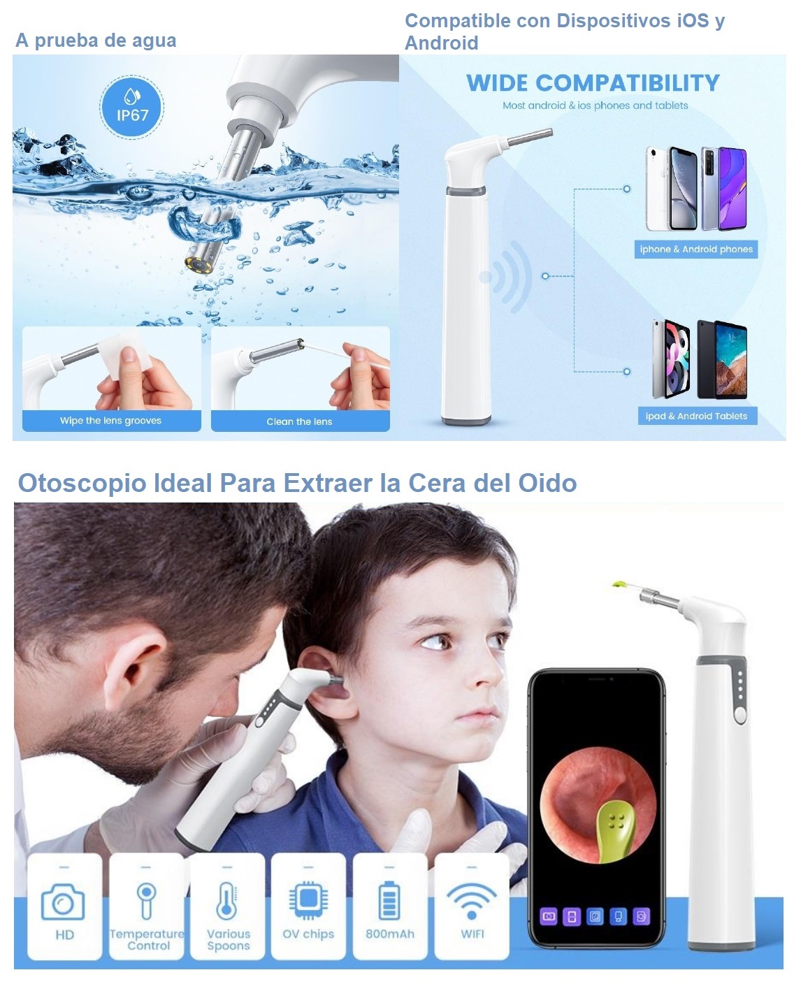 Video Otoscopio Teslong SA39W con Conectividad Wifi, Para Dispositivos iOS y Android