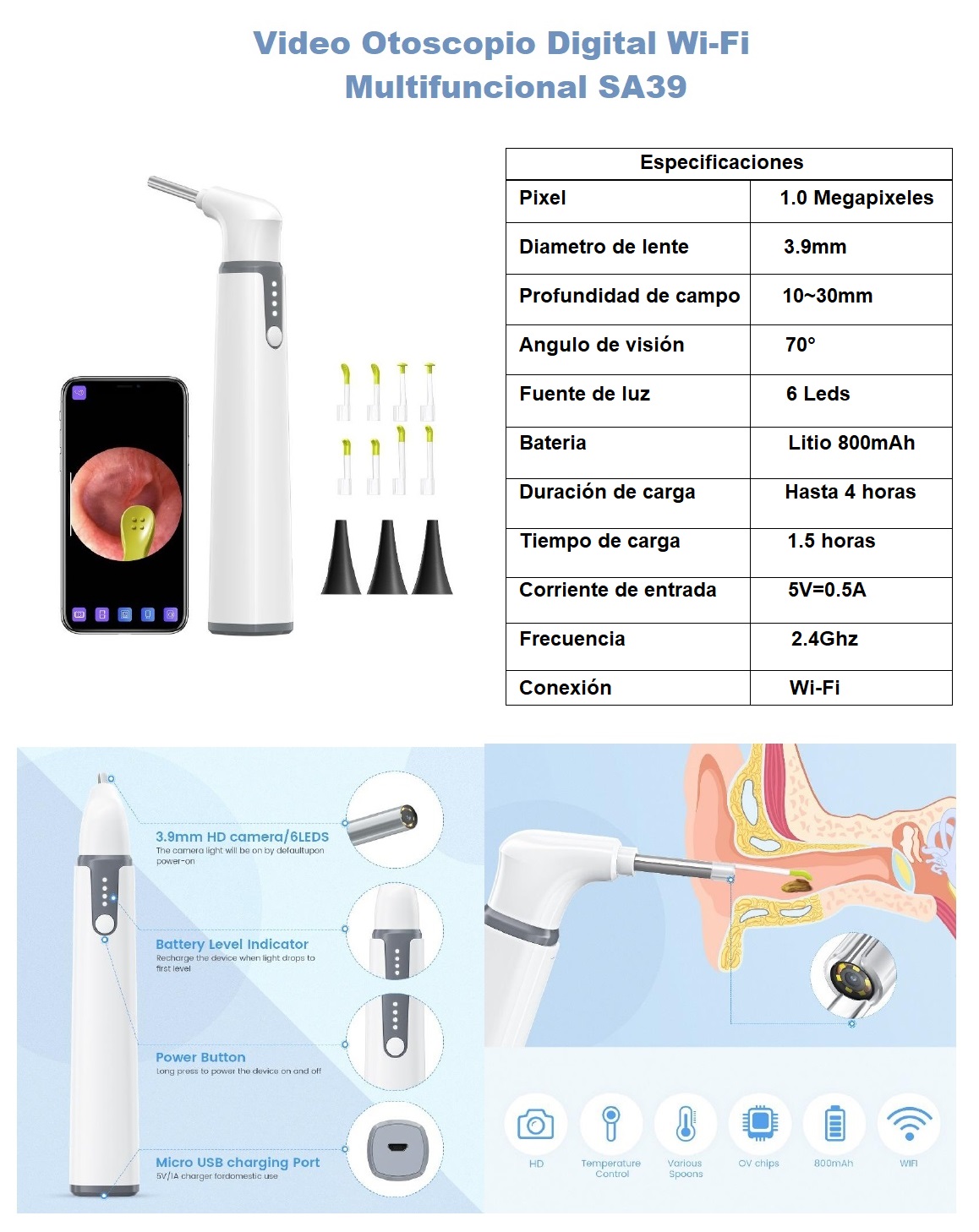 Video Otoscopio Teslong SA39W con Conectividad Wifi, Para Dispositivos iOS y Android