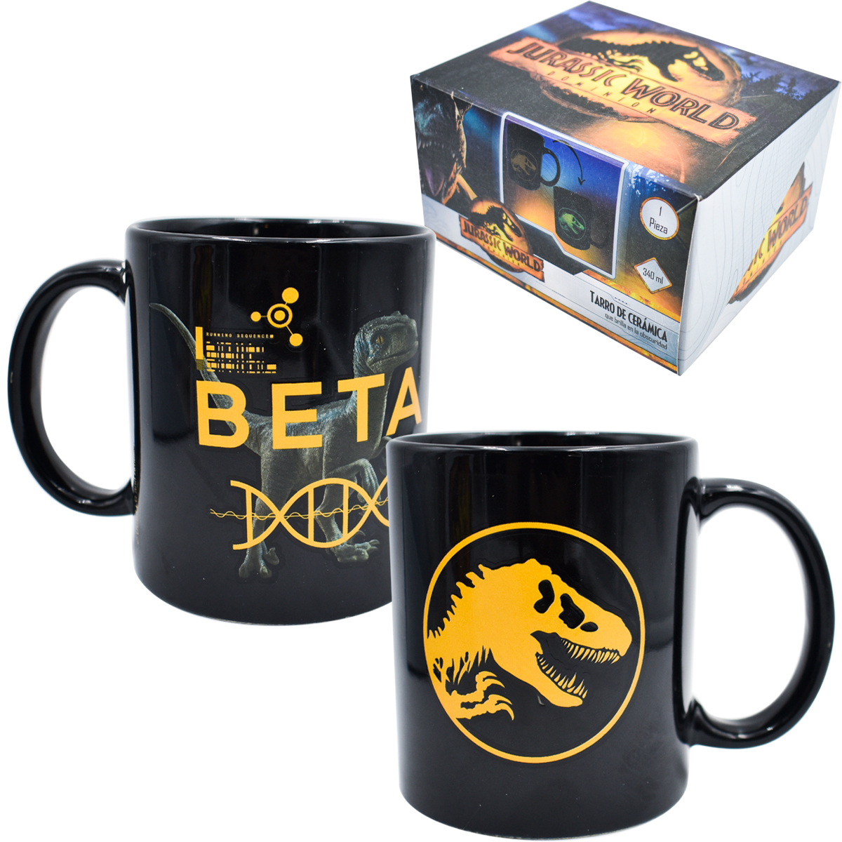 Fun Kids 1738-261 Taza Negra Ceramica Jurassic World Dominion Brilla en la oscuridad Beta 340ml