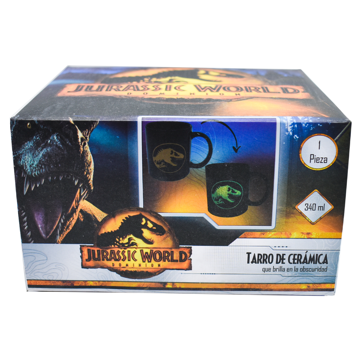 Fun Kids 1738-261 Taza Negra Ceramica Jurassic World Dominion Brilla en la oscuridad Beta 340ml