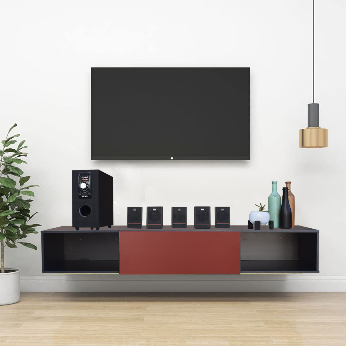Centro De Entretenimiento para tv Flotante Hogare 140, con 1 Puerta color Negro Rojo