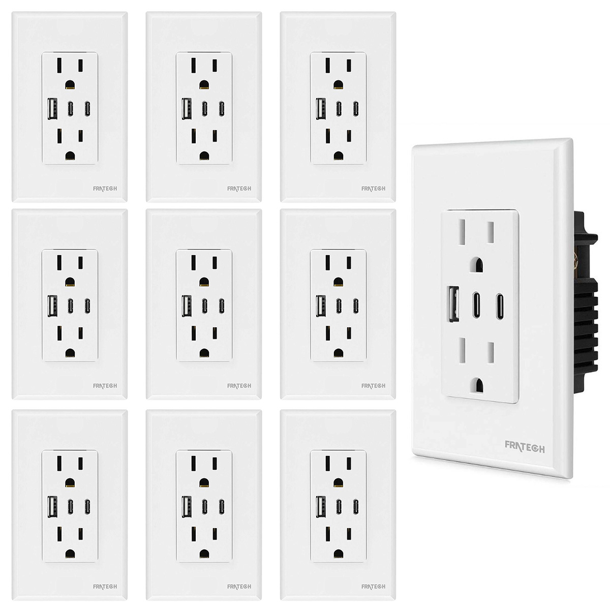Pack de 10 Contactos Duplex, 30W 15 A. Puertos USB y USB-C para dispositivos iOS y Android.