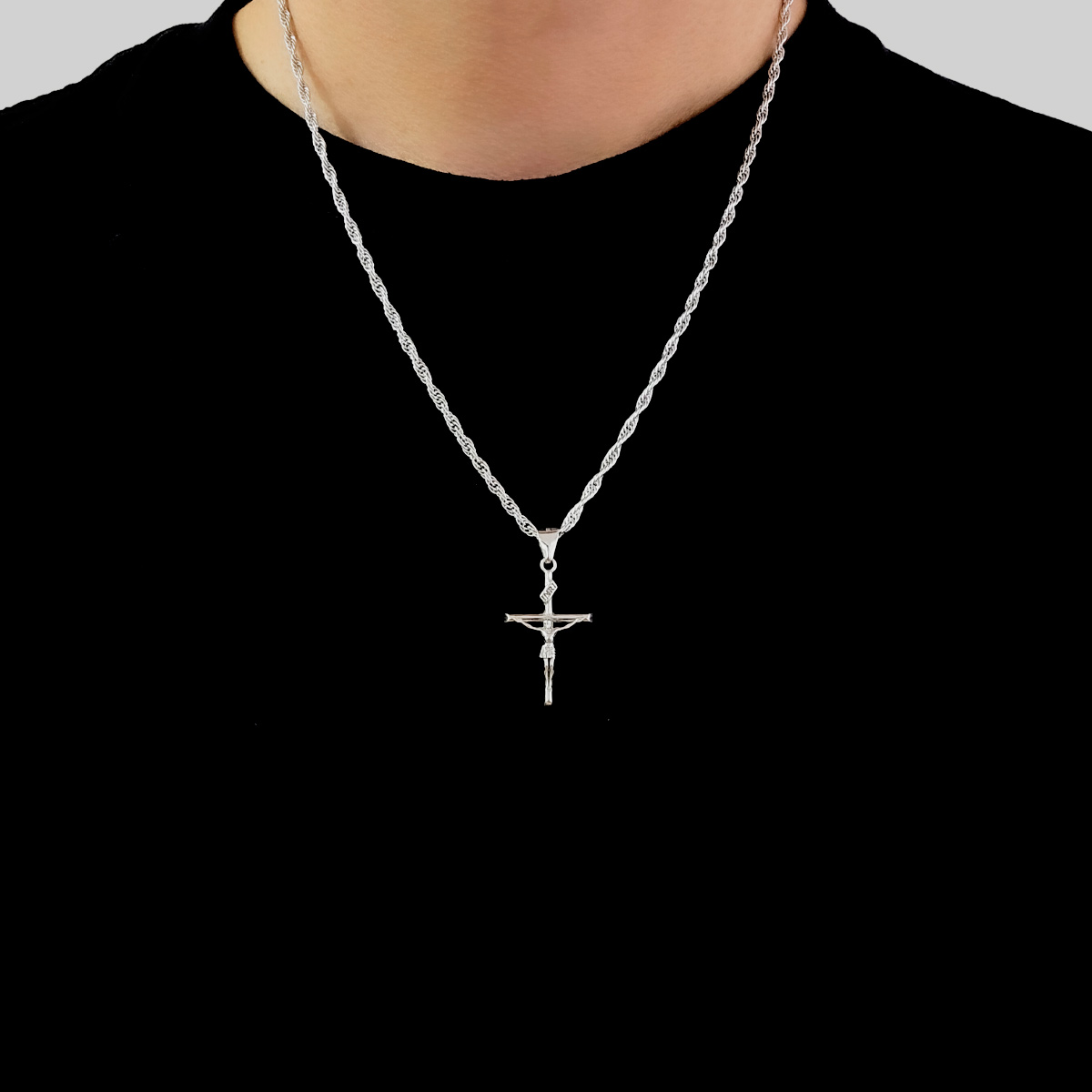 Cadena y Dije cruz de plata 925 Torzal de hombre con baño de rodio