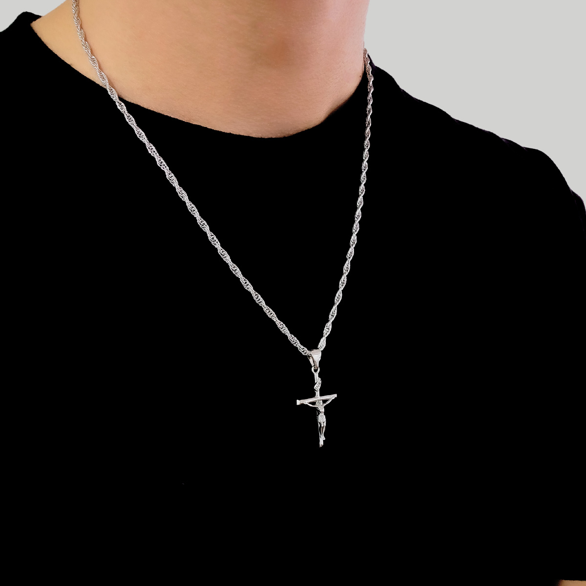 Cadena y Dije cruz de plata 925 Torzal de hombre con baño de rodio