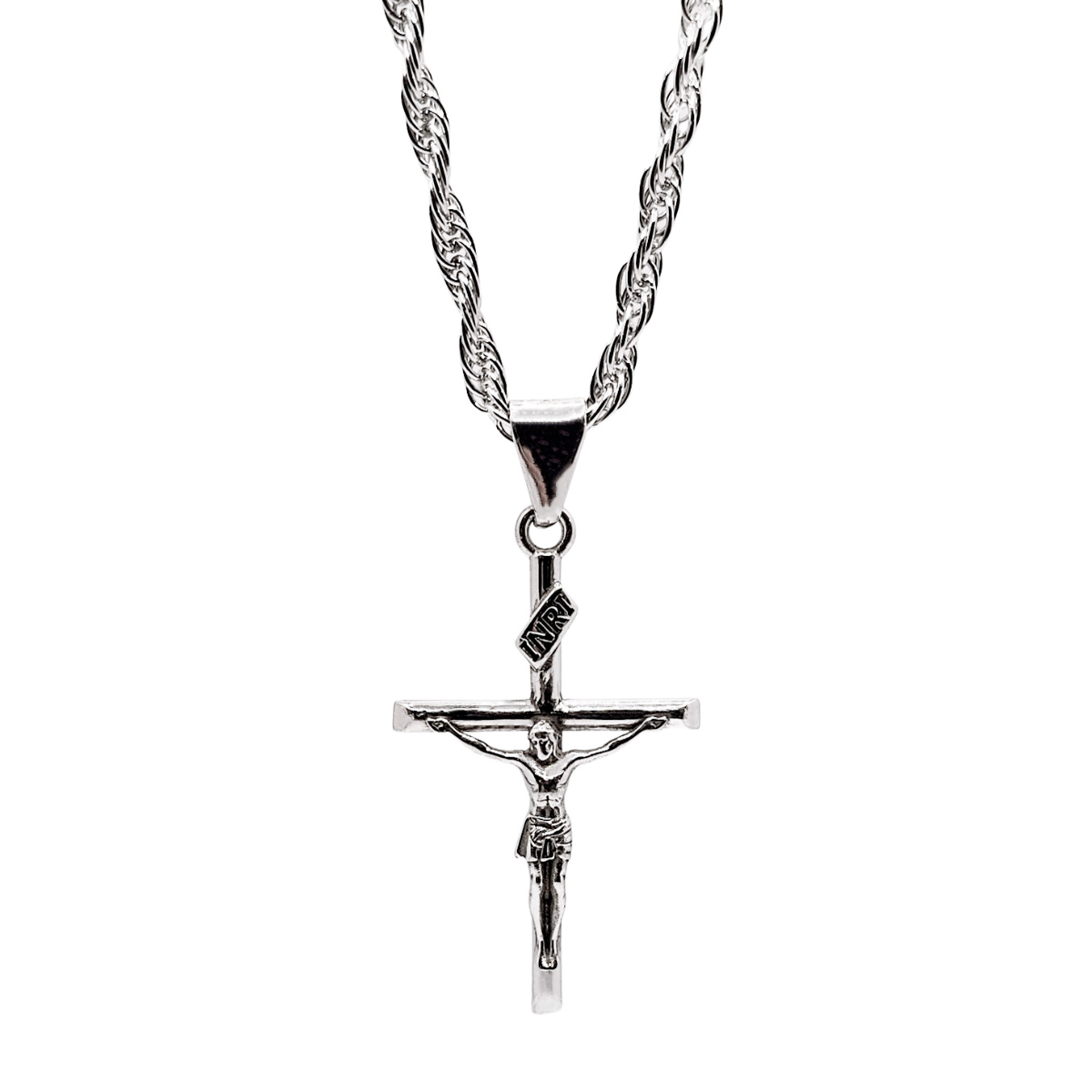 Cadena y Dije cruz de plata 925 Torzal de hombre con baño de rodio