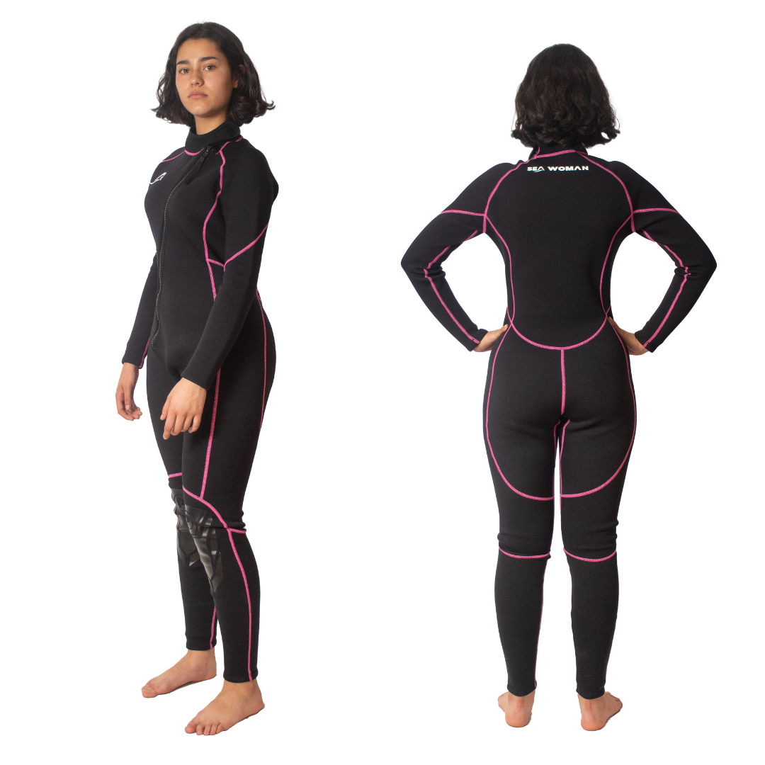 Traje de Neopreno Wetsuit Para Mujer Sea Woman de 3mm Cuerpo Completo Modelo Negro Rayas Rosa SEAPEOPLE
