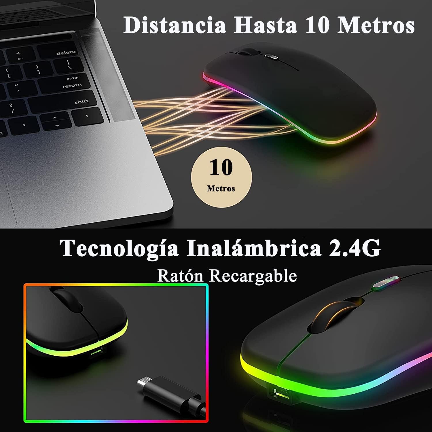 Ratón inalámbrico, mouse Bluetooth recargable (BT5.1 y 3.0) con clic  silencioso, mouse portátil DPI de 3 niveles para computadora portátil