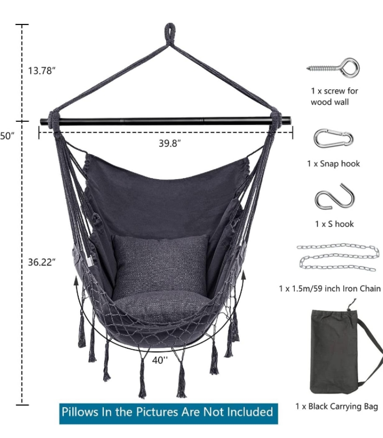 Silla de hamaca colgante con 2 cojines de asiento, tela de algodón para el  hogar, jardín, patio, comodidad superior, durabilidad (gris claro)