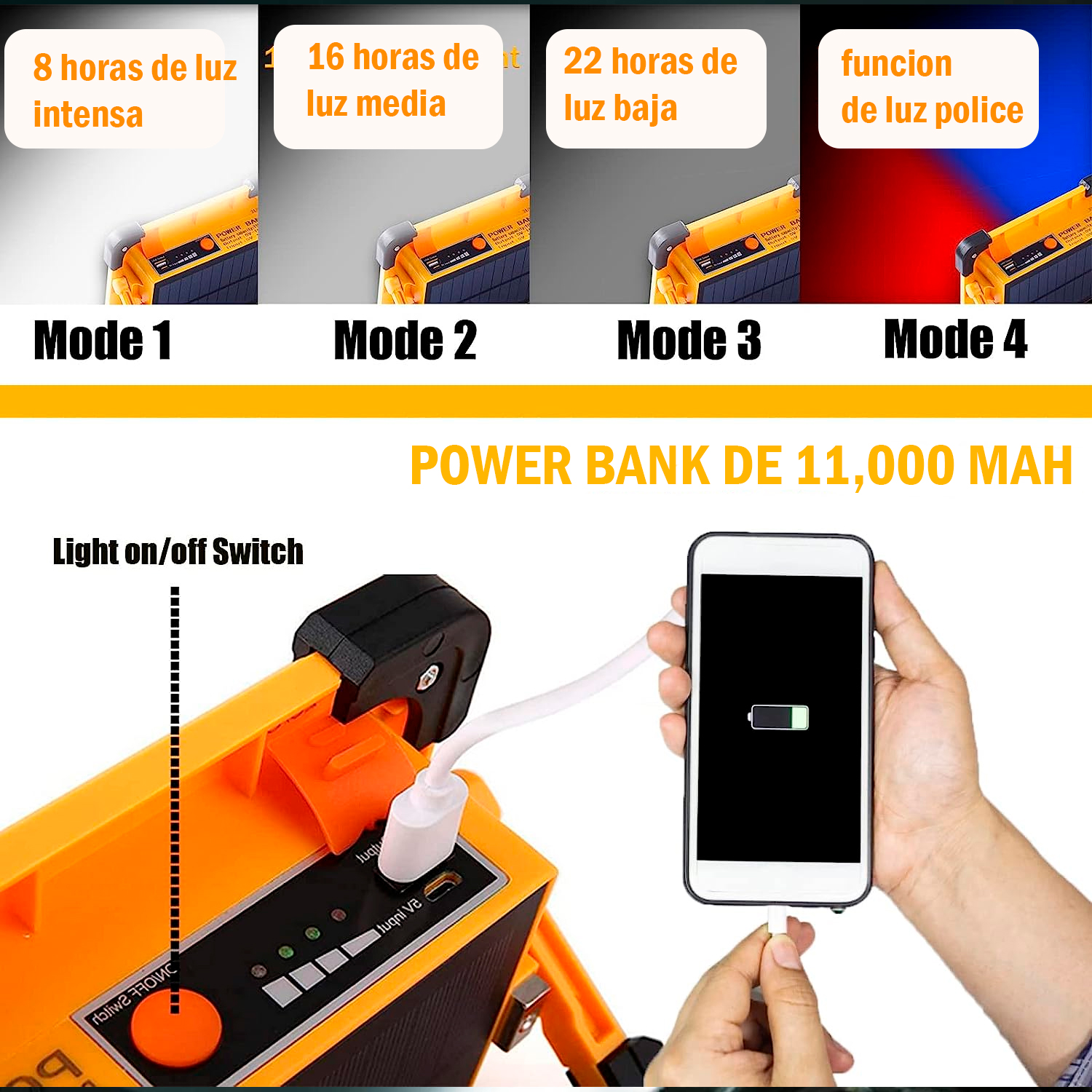 Lampara solar de emergencia recargable con panel portátil de camping con bocina bluetooth y powerbank para celulares
