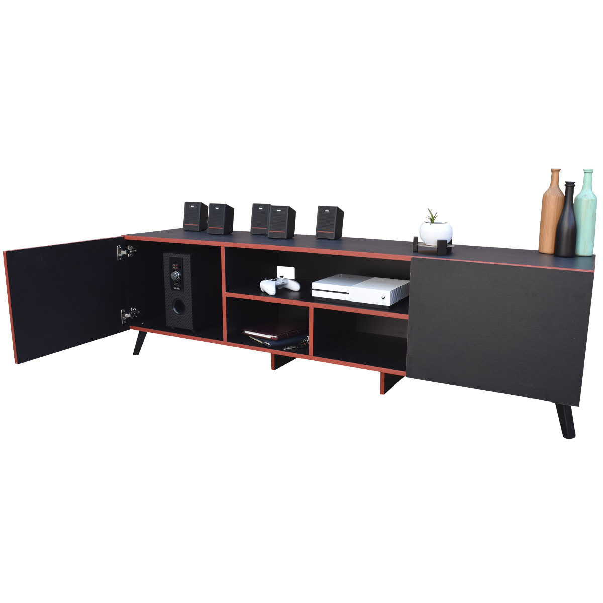 Mueble para TV 80 pulgadas, Centro de entretenimiento Europa Hogare, Rack para TV, Repisas ajustable, Elaborado en melamina, Fácil armado, Color Negro Rojo