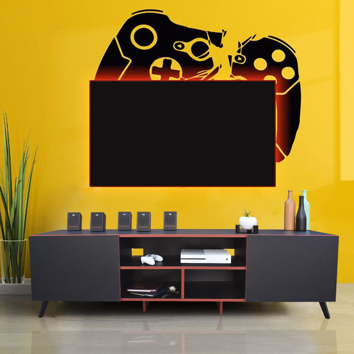 Mueble para TV 80 pulgadas, Centro de entretenimiento Europa Hogare, Rack para TV, Repisas ajustable, Elaborado en melamina, Fácil armado, Color Negro Rojo