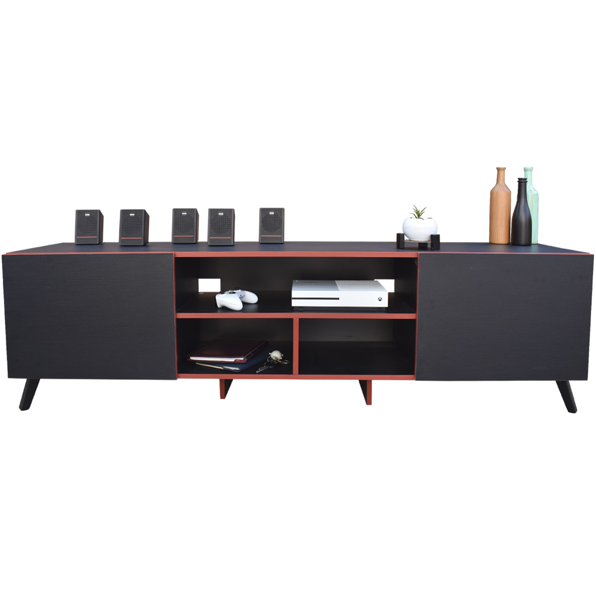 Mueble para TV 80 pulgadas, Centro de entretenimiento Europa Hogare, Rack para TV, Repisas ajustable, Elaborado en melamina, Fácil armado, Color Negro Rojo