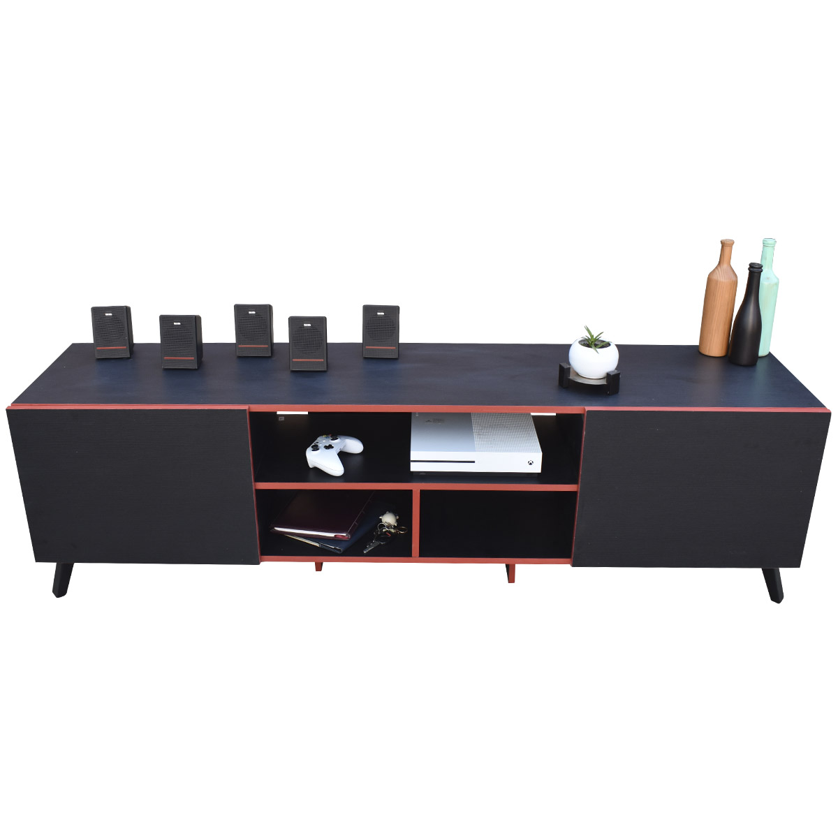 Mueble para TV 80 pulgadas, Centro de entretenimiento Europa Hogare, Rack para TV, Repisas ajustable, Elaborado en melamina, Fácil armado, Color Negro Rojo