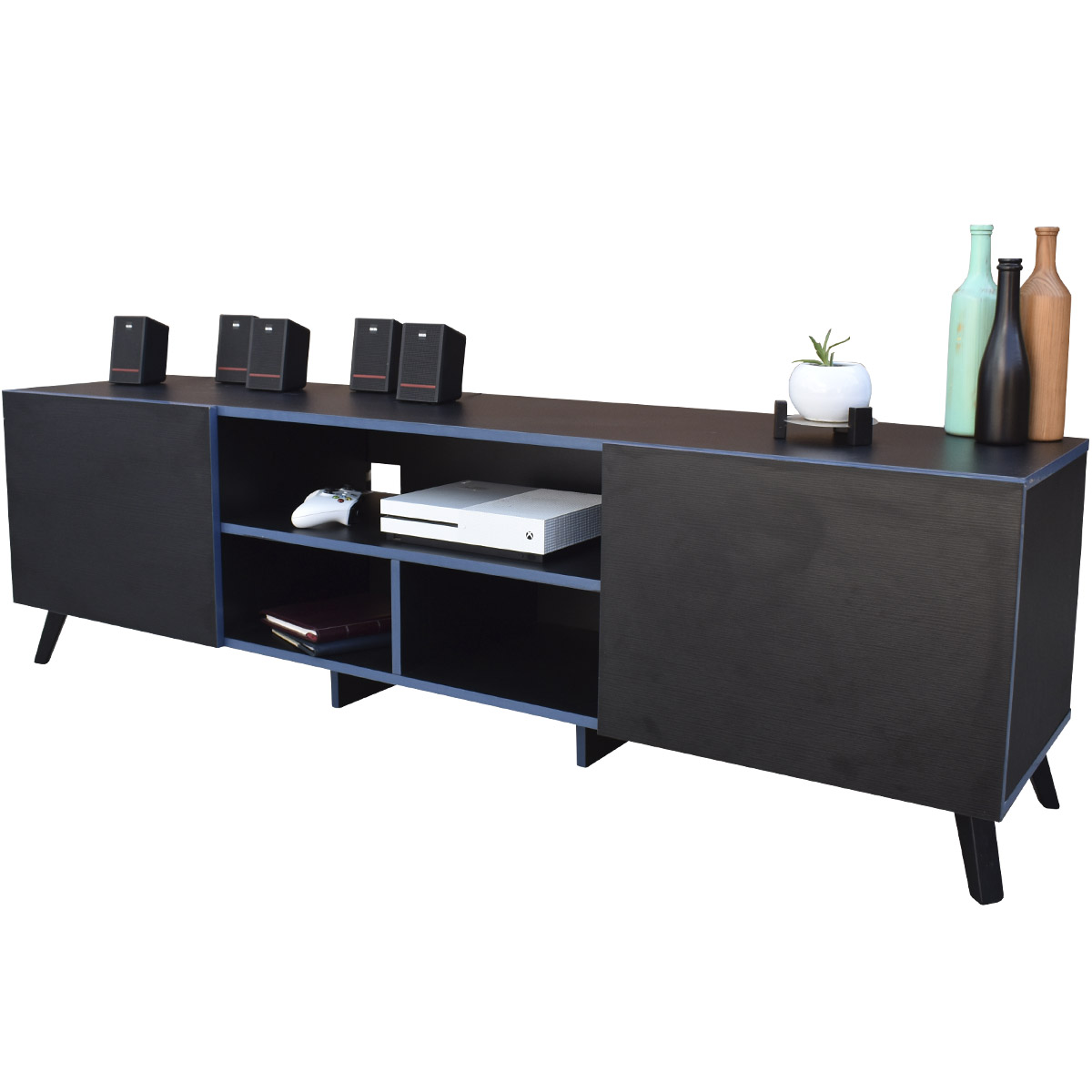 Mueble para TV 80 pulgadas, Centro de entretenimiento Europa Hogare, Rack para TV, Amplios espacios, Repisas ajustable, Elaborado en melamina, Fácil armado, Color Negro Azul