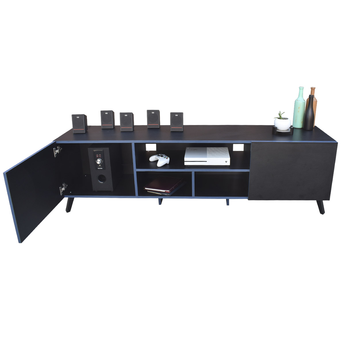 Mueble para TV 80 pulgadas, Centro de entretenimiento Europa Hogare, Rack para TV, Amplios espacios, Repisas ajustable, Elaborado en melamina, Fácil armado, Color Negro Azul