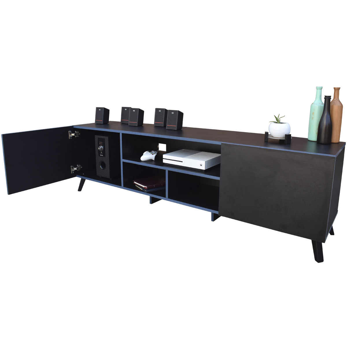 Mueble para TV 80 pulgadas, Centro de entretenimiento Europa Hogare, Rack para TV, Amplios espacios, Repisas ajustable, Elaborado en melamina, Fácil armado, Color Negro Azul