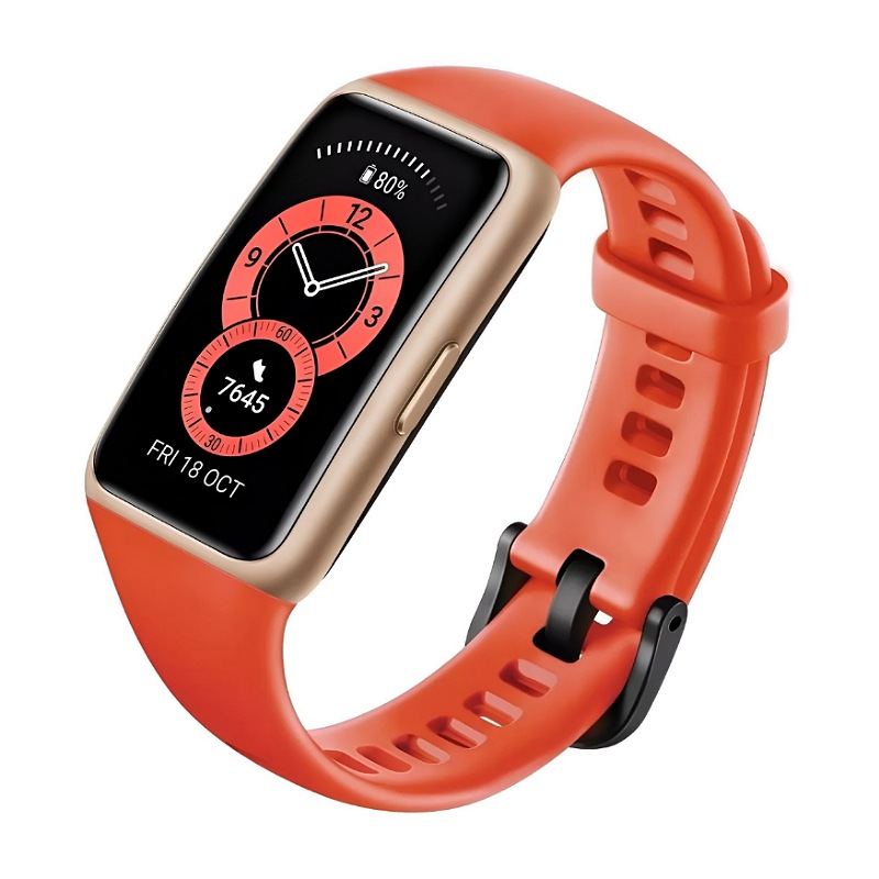 Huawei Band 6 1.47" caja de polímero gold, malla amber sunrise de silicona FRA-B19 naranja.