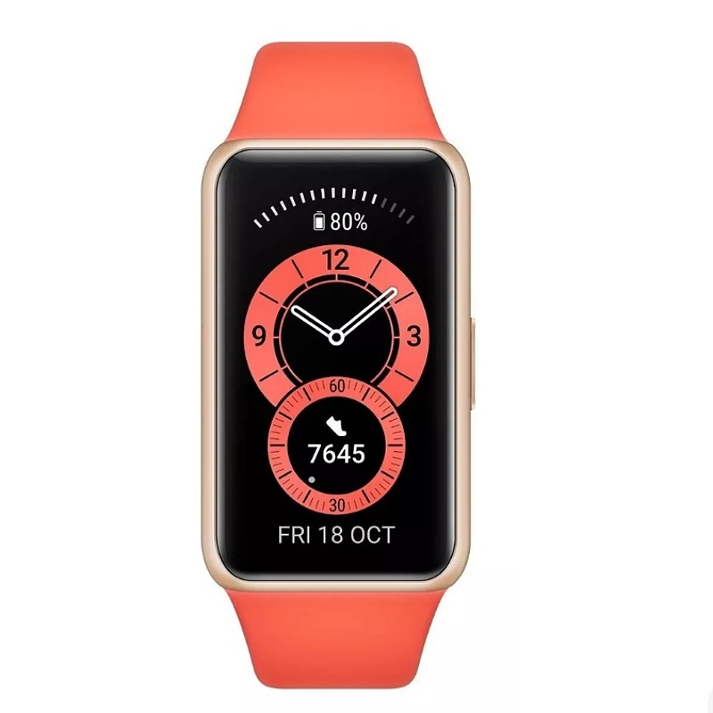 Huawei Band 6 1.47" caja de polímero gold, malla amber sunrise de silicona FRA-B19 naranja.