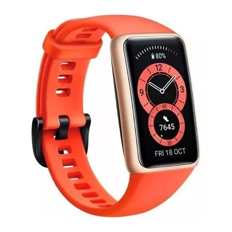 Huawei Band 6 1.47" caja de polímero gold, malla amber sunrise de silicona FRA-B19 naranja.