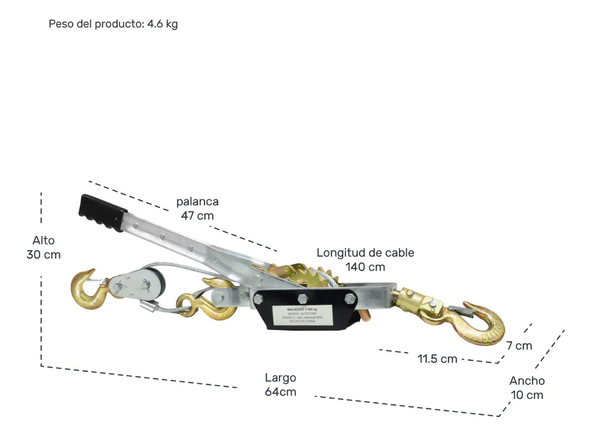 Malacate Winch Manual 4 Ton Cable Acero 2.8m 3 Ganchos