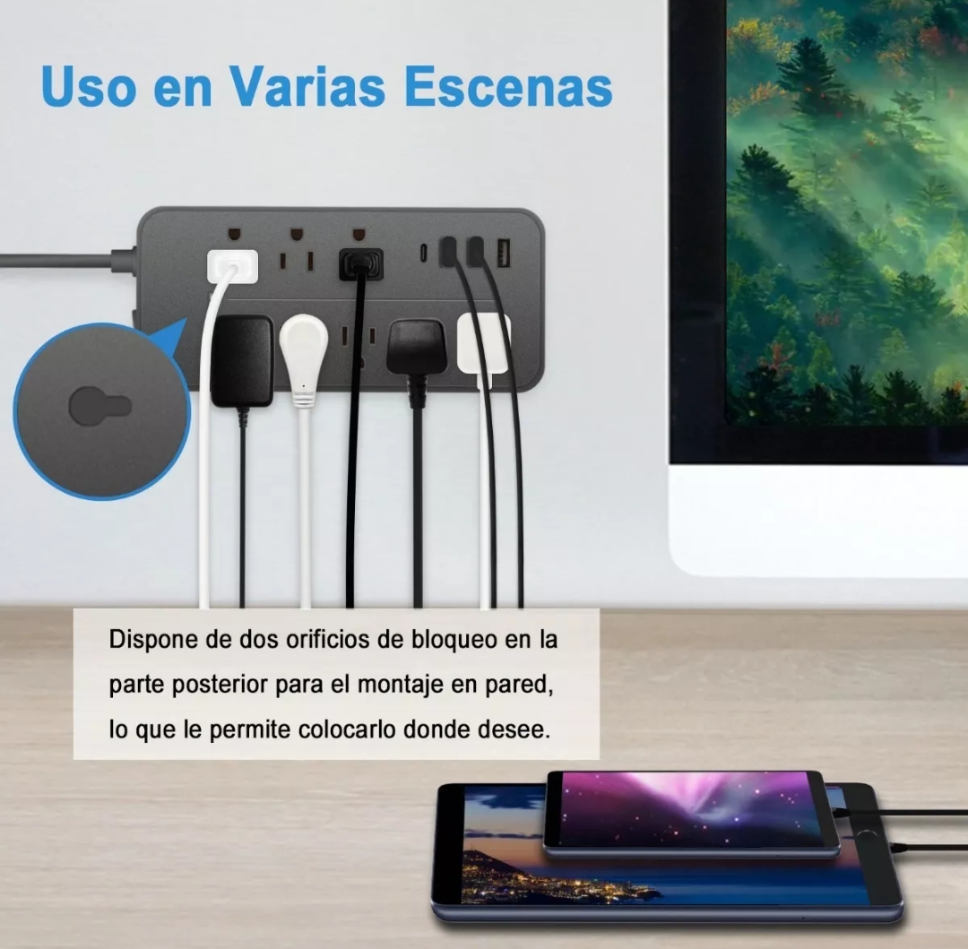 Regleta Cargador Multicontactos Con 8 Salidas 3 Usb 1 Tipo C