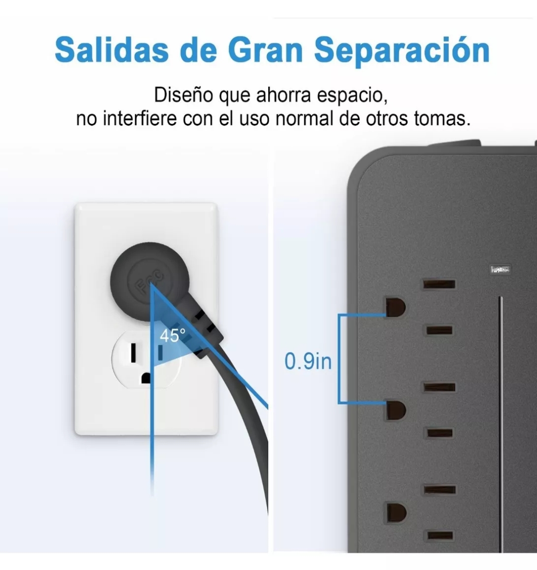 Regleta Cargador Multicontactos Con 8 Salidas 3 Usb 1 Tipo C