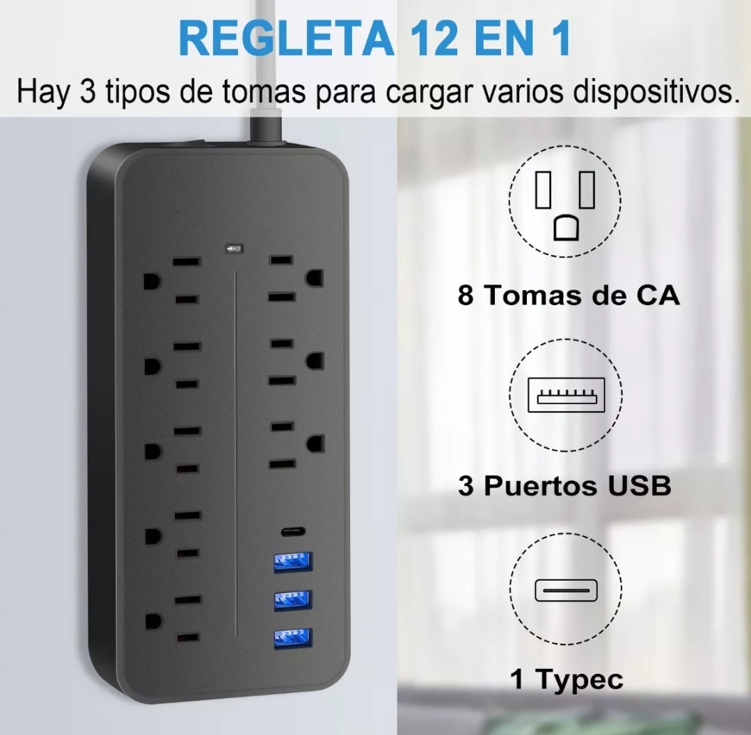Regleta Cargador Multicontactos Con 8 Salidas 3 Usb 1 Tipo C