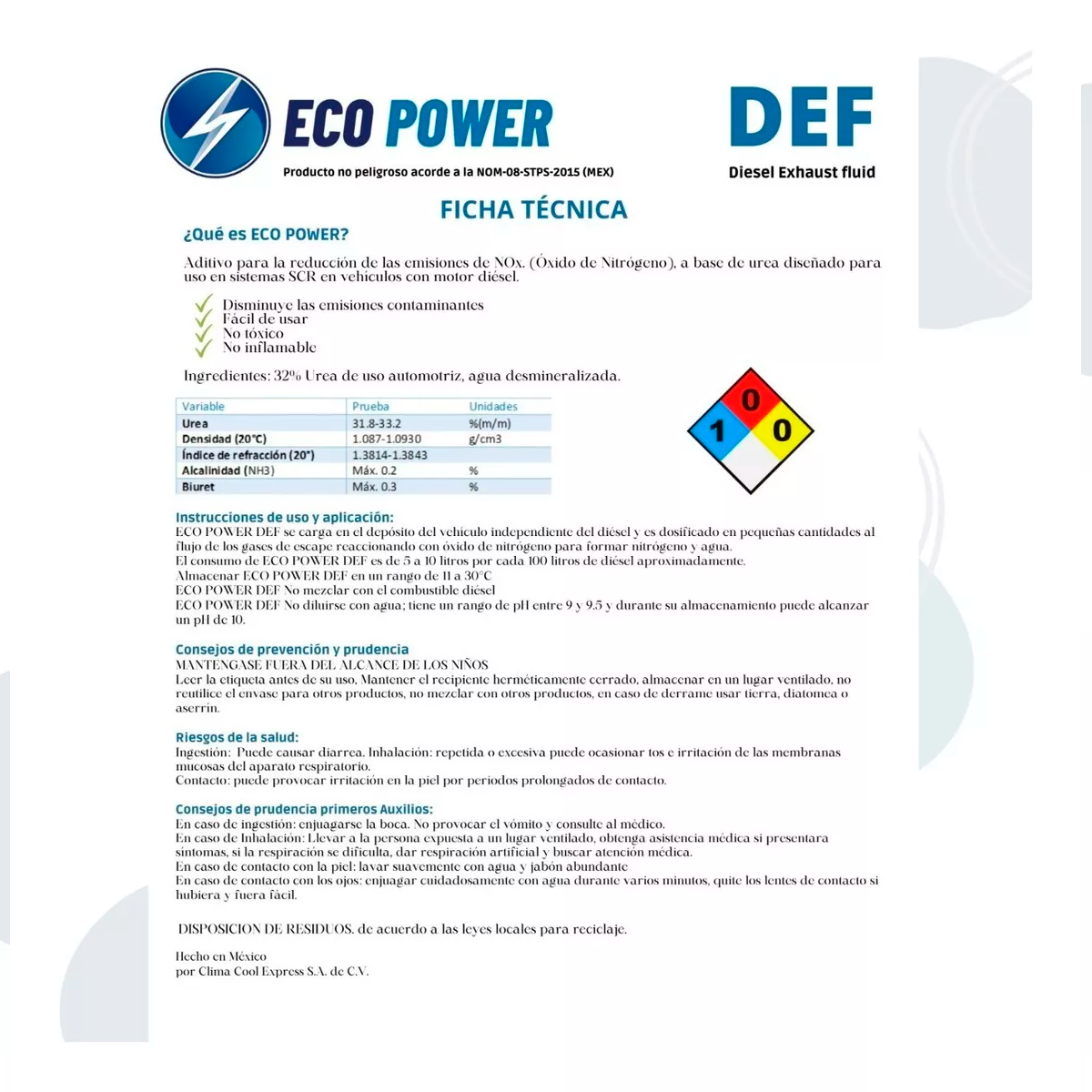 UREA DEF ECO POWER GRADO AUTOMOTRIZ GARRAFA DE 20 LITROS