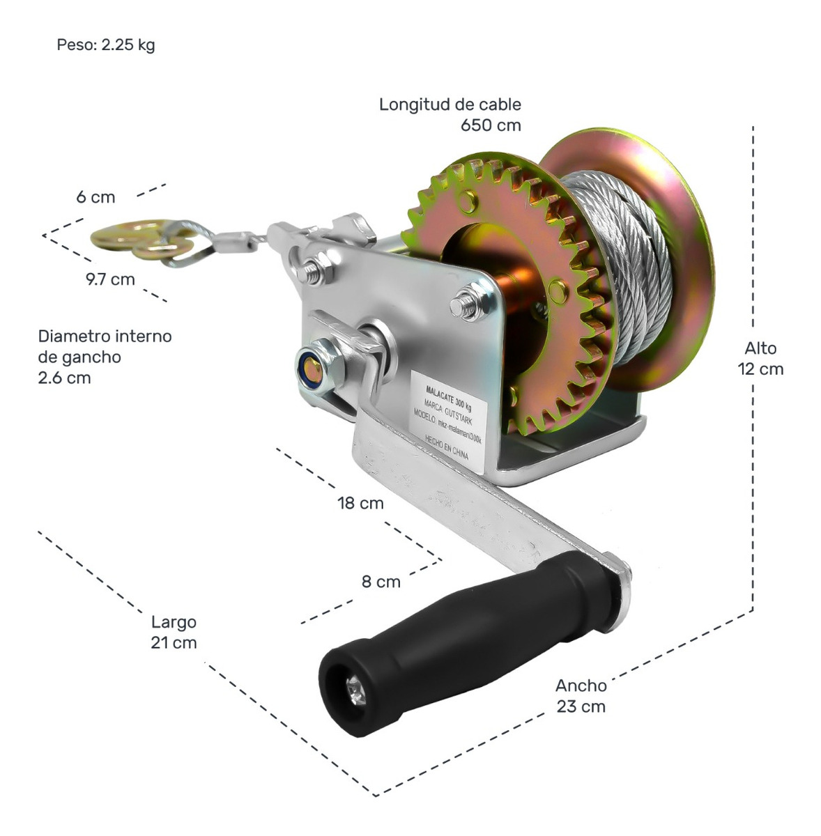 Malacate Winch Manual 661 Lb 300 Kg Cable Acero 650 Cm
