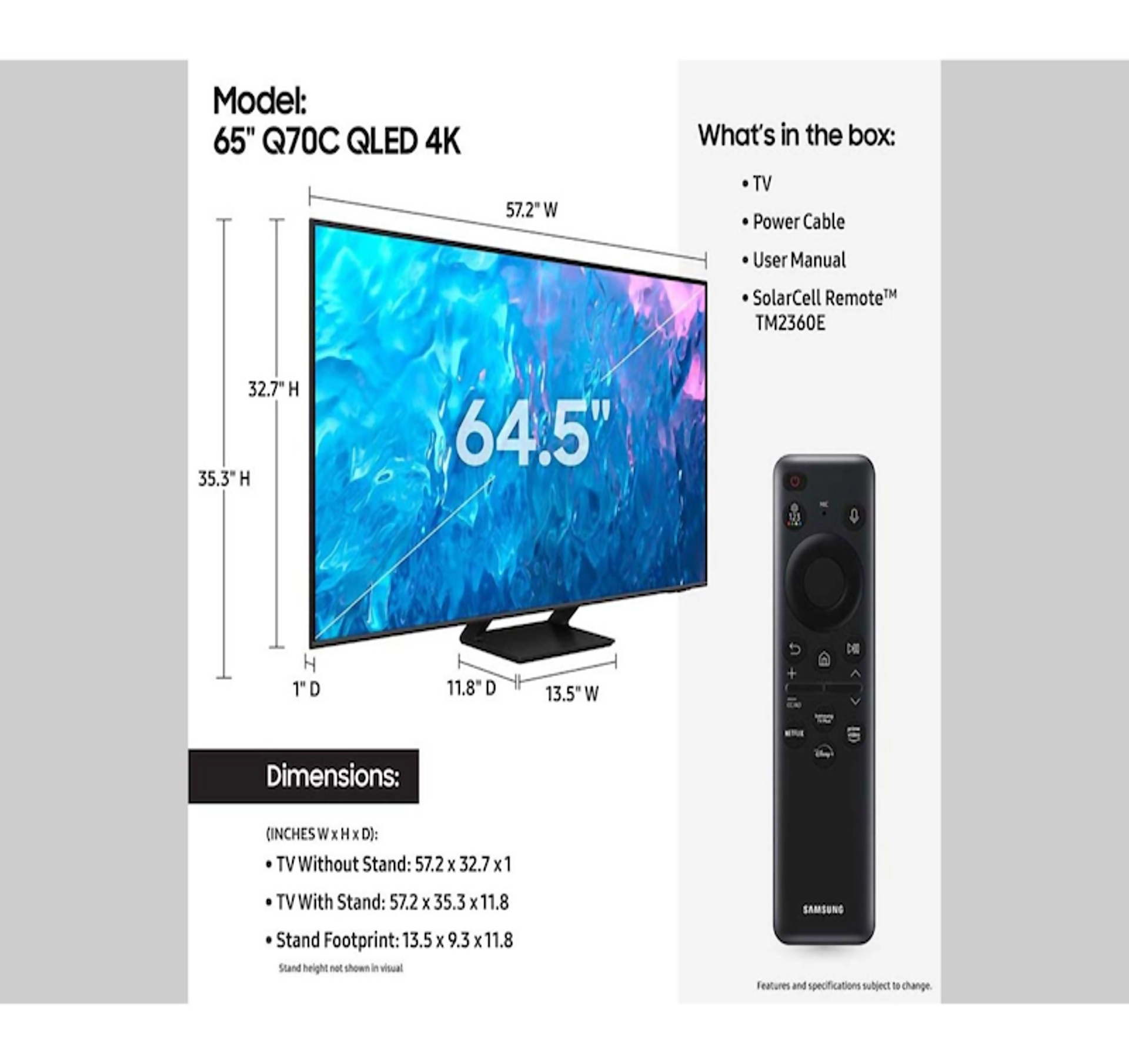 Pantalla 65 QN65Q70CAF Clase QLED 4K Samsung