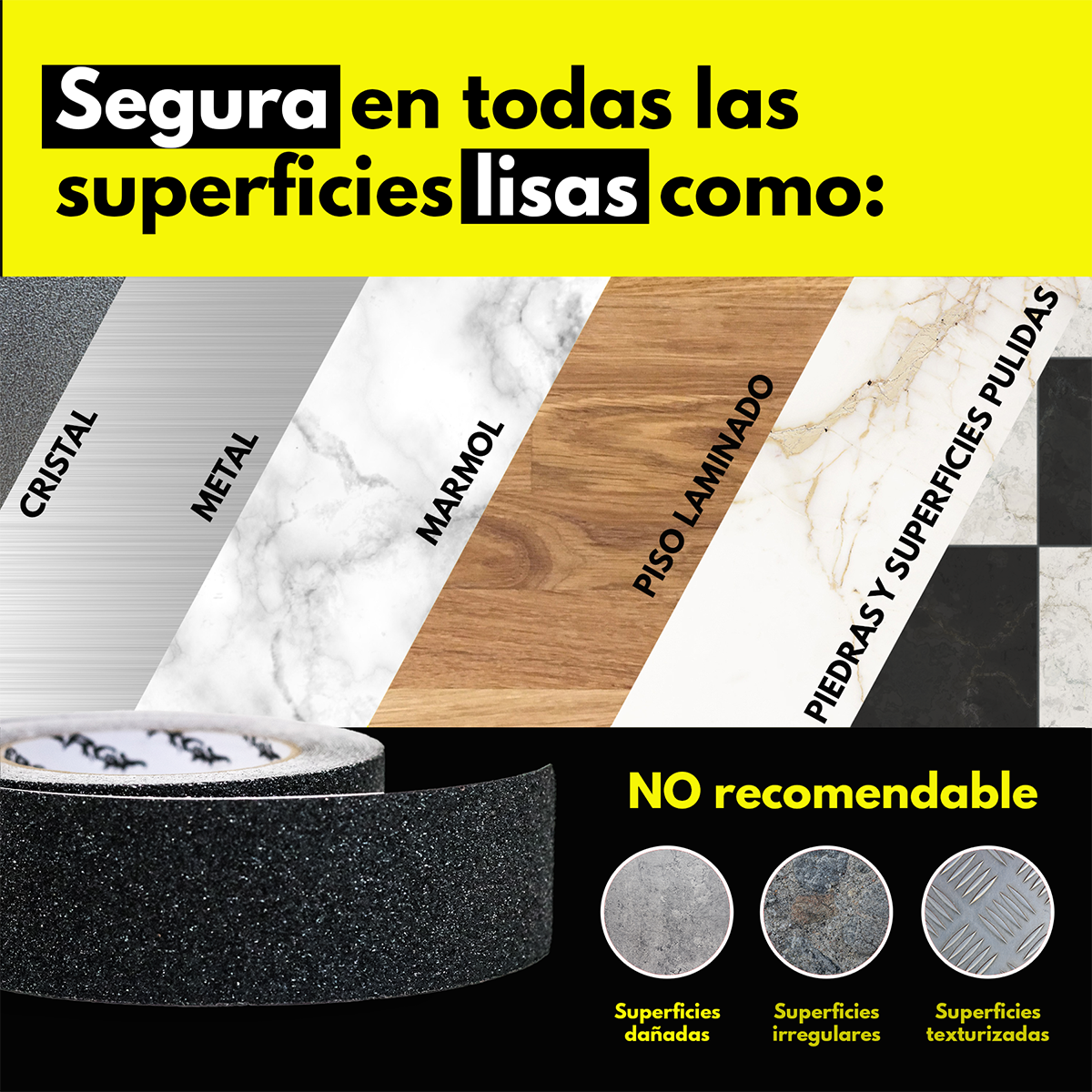 Cinta antiderrapante ERGY. 1" (25 mm) x 4.5 m. Antideslizante para escaleras, color negro, uso general.