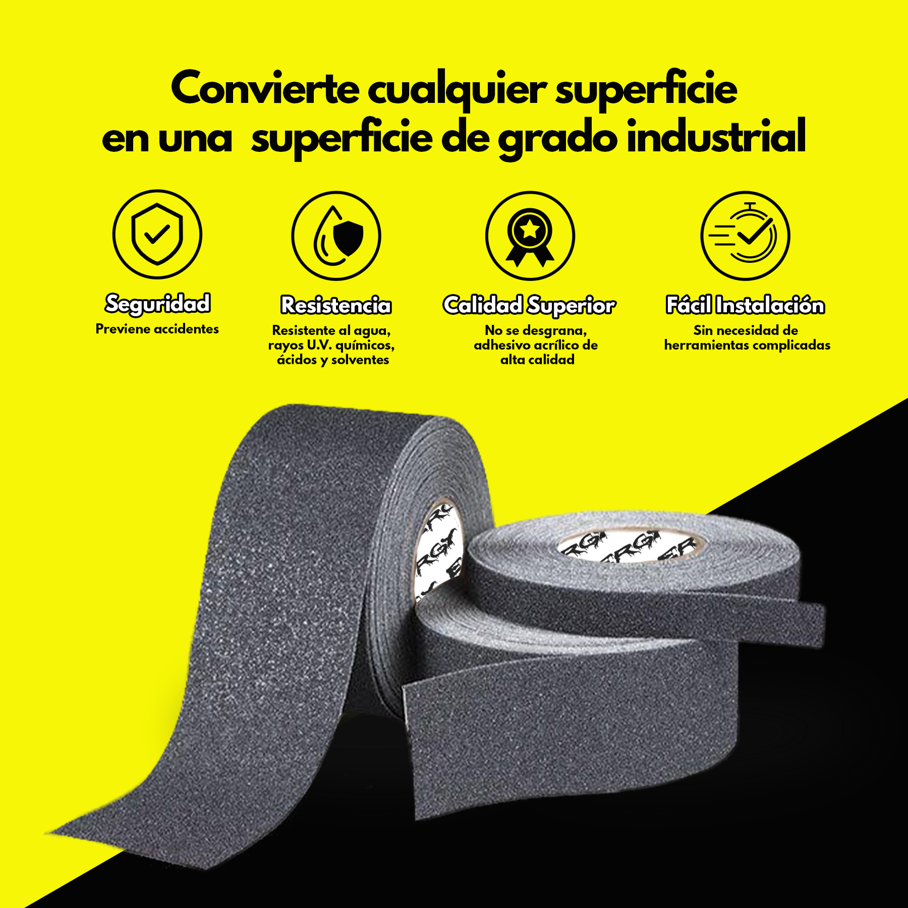 Cinta antiderrapante ERGY. 2" (50 mm) x 18 m. Antideslizante para escaleras, color negro, uso general.