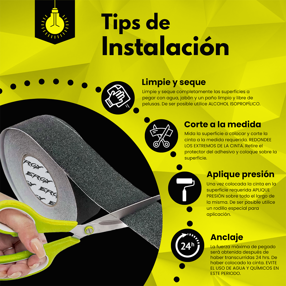 Cinta antiderrapante ERGY. 2" (50 mm) x 18 m. Antideslizante para escaleras, color negro, uso general.