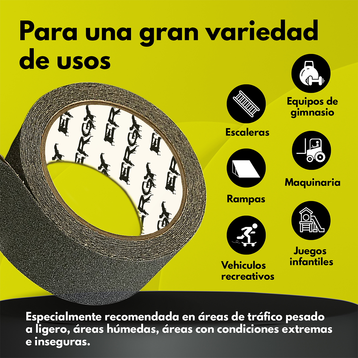 Cinta antiderrapante ERGY. 2" (50 mm) x 18 m. Antideslizante para escaleras, color negro, uso general.