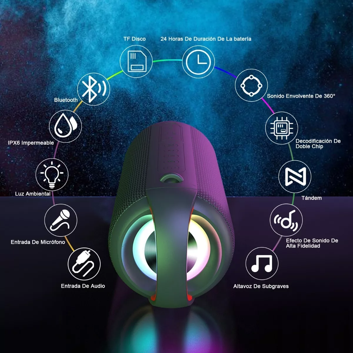 Bocina Bluetooth Portátil Bocina Impermeable Con Rgb Luces