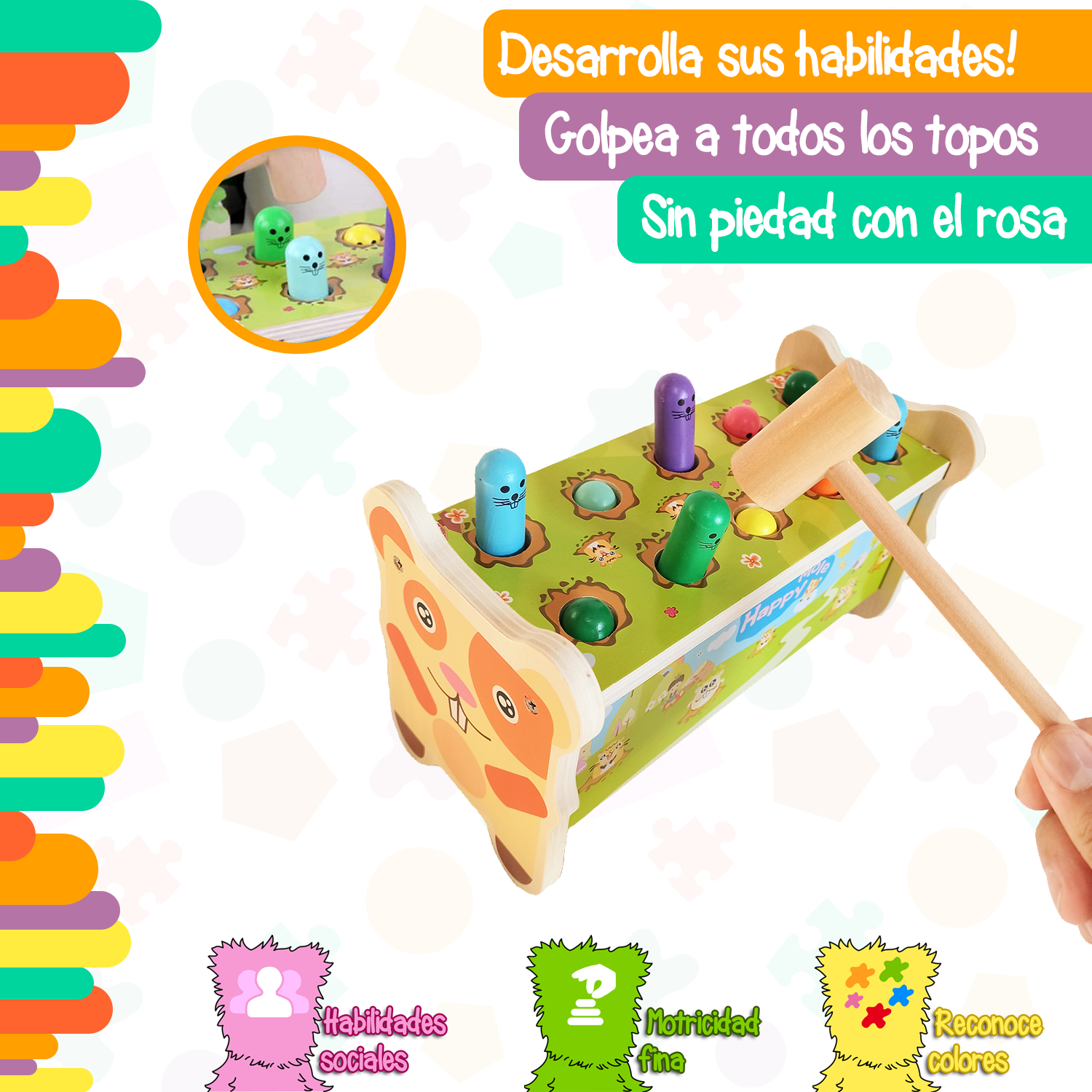 Juego golpea al topo con 2 mazos de madera