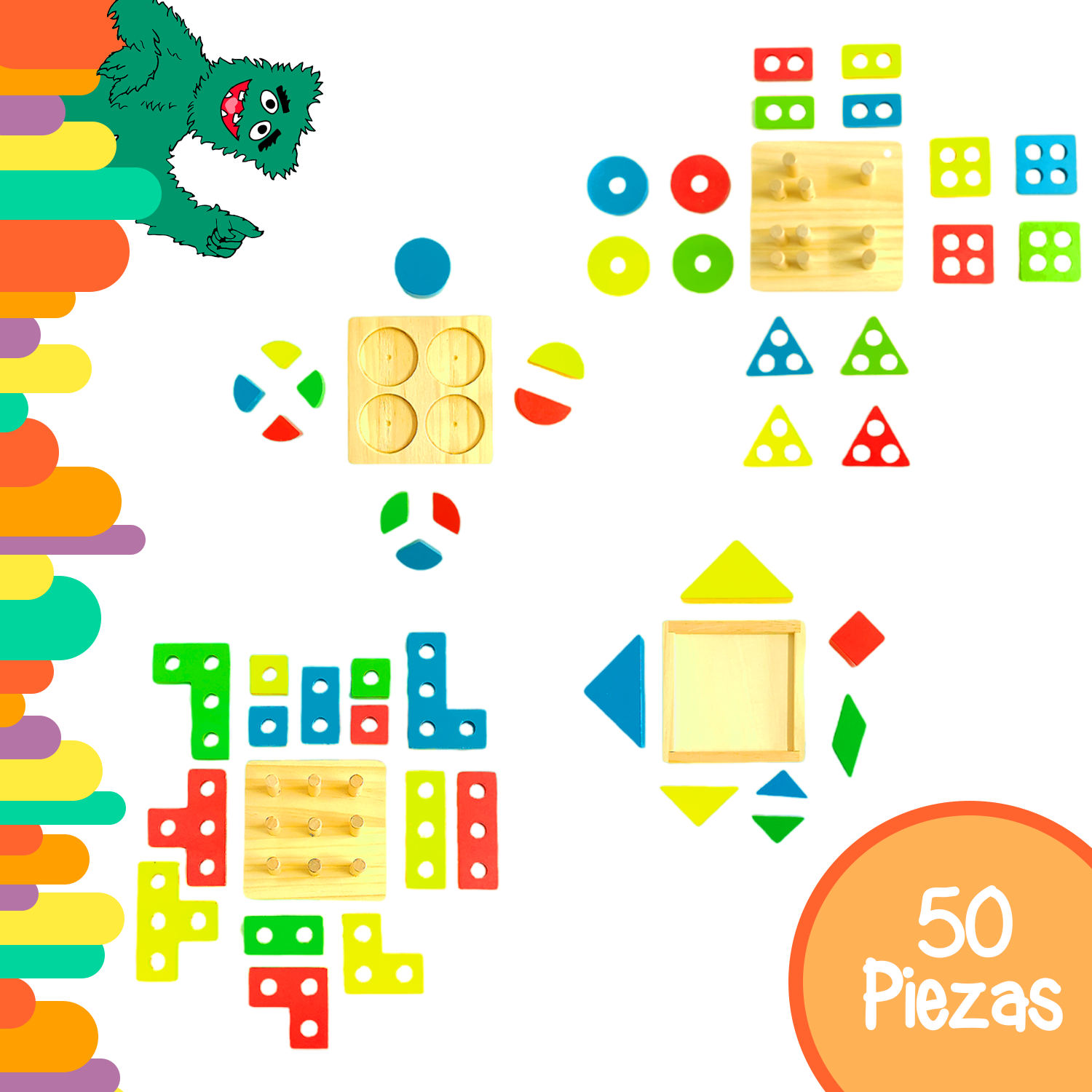 Herramienta Montessori 4 tableros, gráfico de pastel, figuras, tangram y rompecabezas