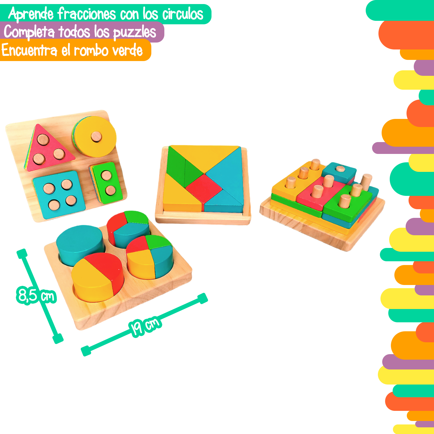 Herramienta Montessori 4 tableros, gráfico de pastel, figuras, tangram y rompecabezas