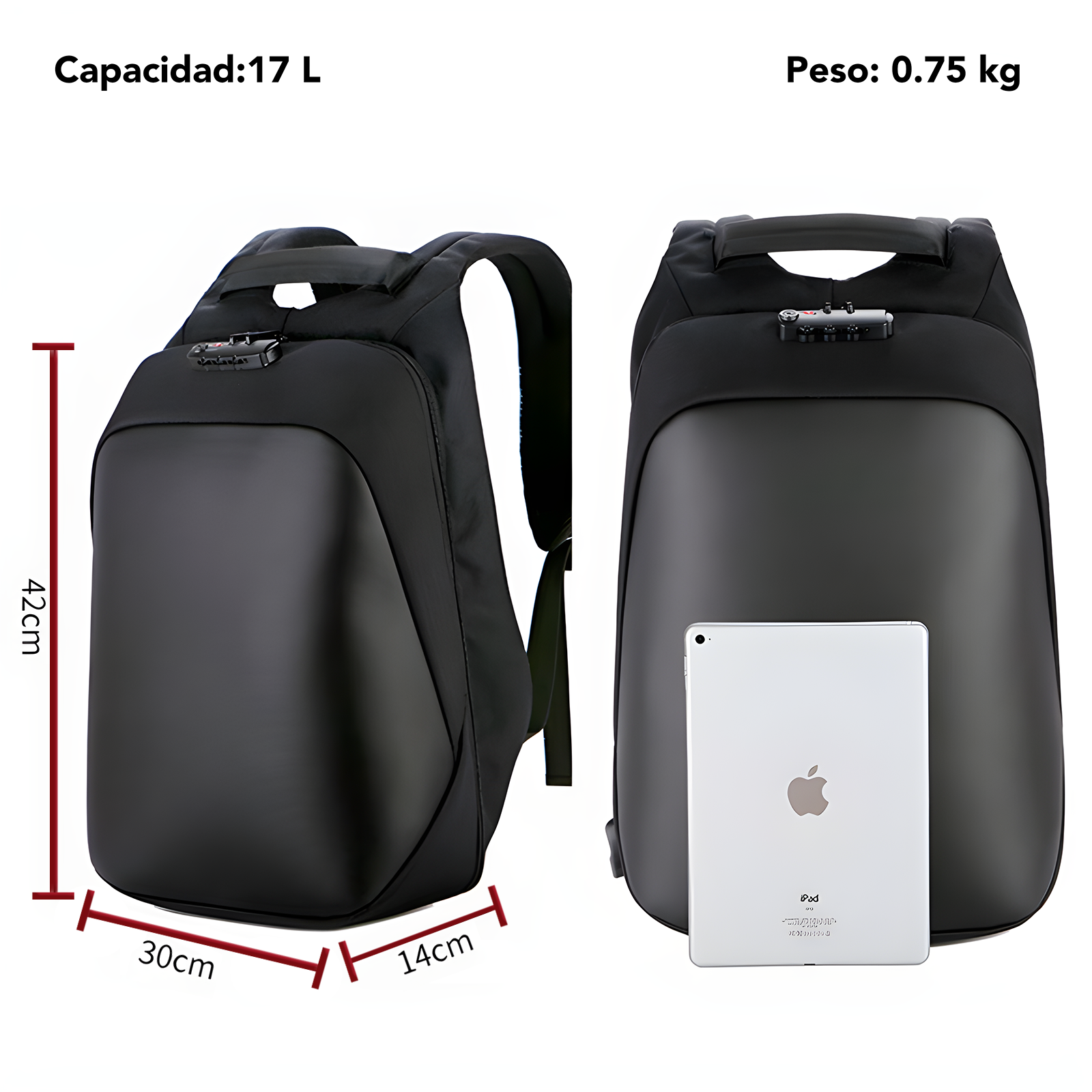 Mochila antirrobo de 17L, frente liso impermeable con Puerto USB