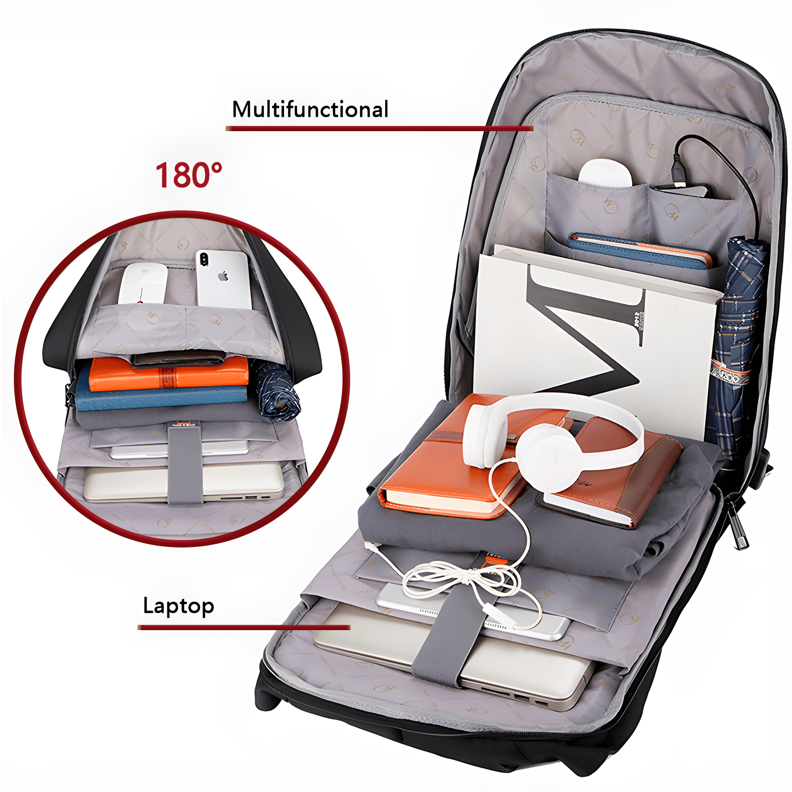 Mochila antirrobo de 17L, frente liso impermeable con Puerto USB