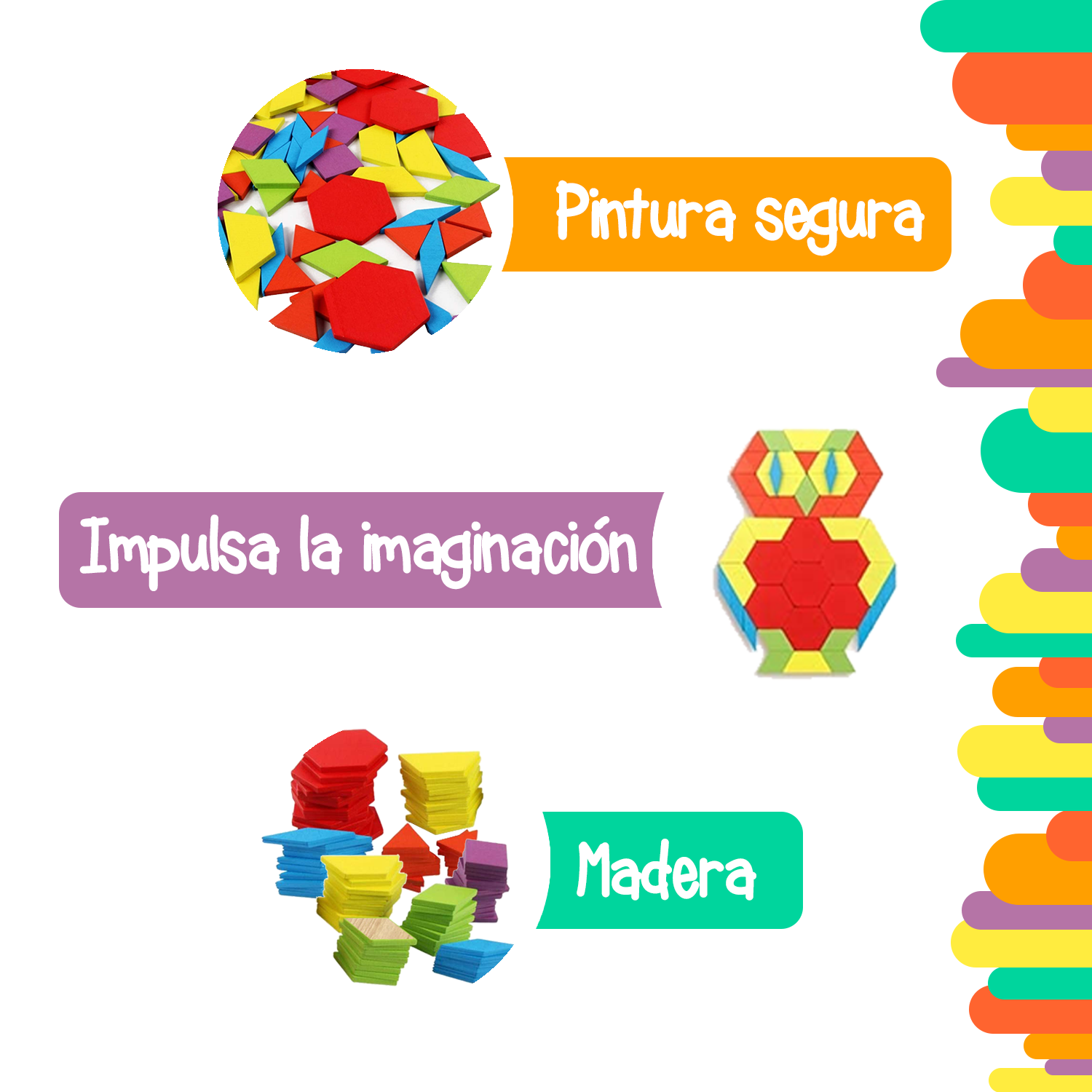 Tangram de madera colorida 155 piezas con tarjetas de patrones.