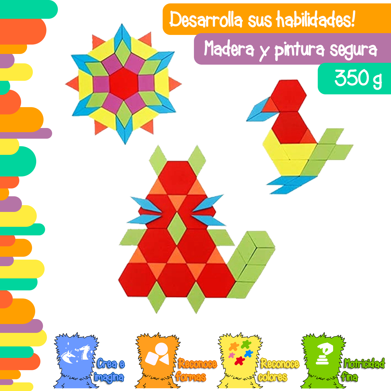 Tangram de madera colorida 155 piezas con tarjetas de patrones.