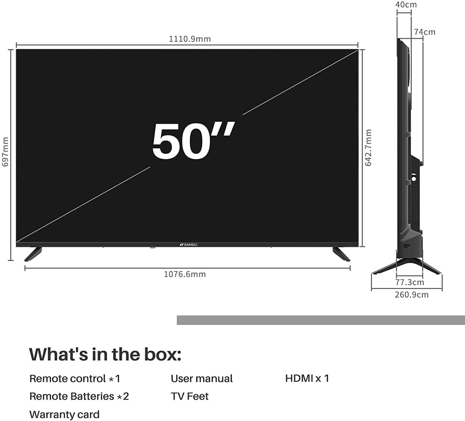 Pantalla Sansui 50" 4K Ultra HD DLED SMART, Android TV equipado con Asistente de GOOGLE
