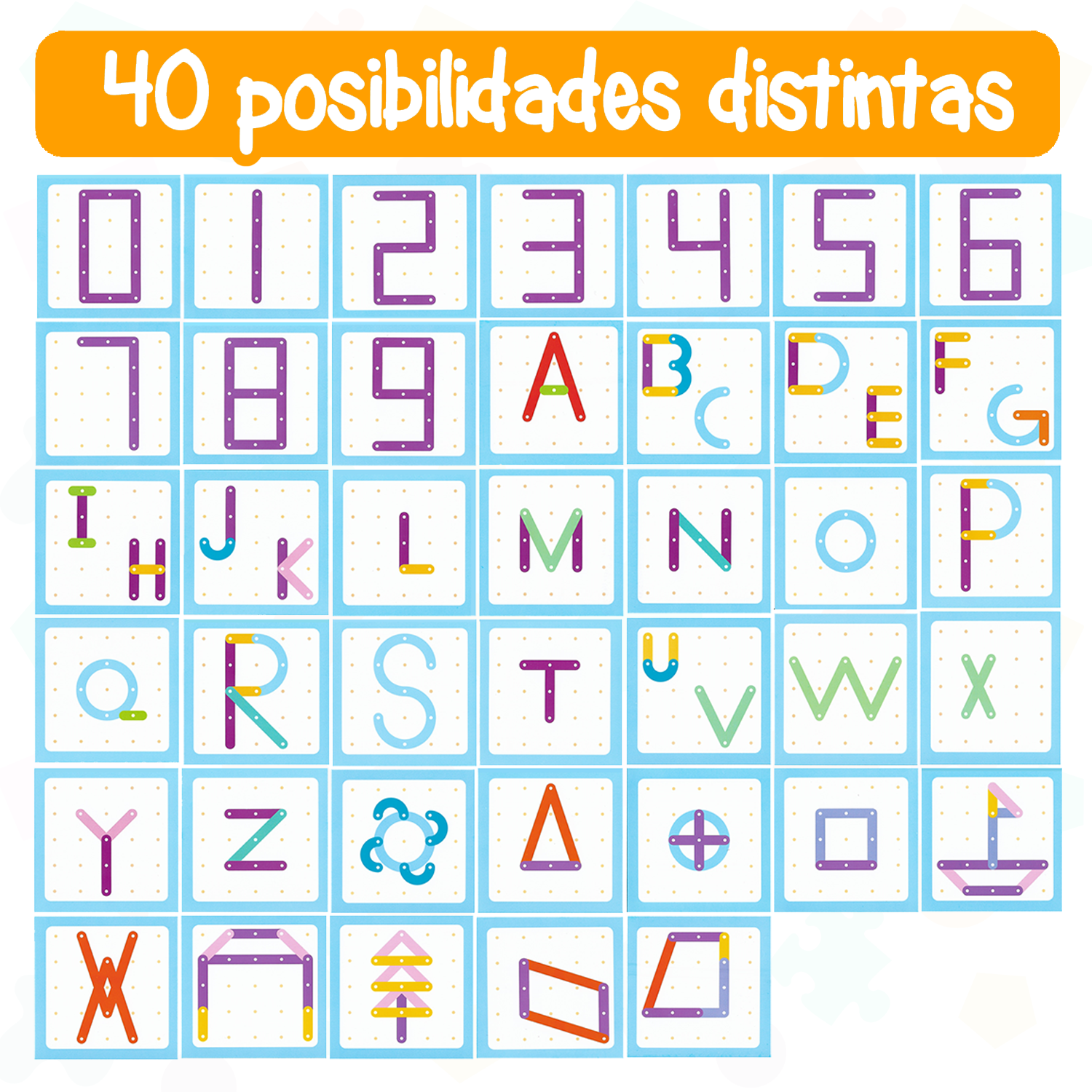 Geoplano de columnas con números, letras y figuras 